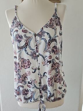 Paisley Button-Front Camisole Tank - White with Blue & Pink Print